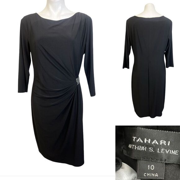 Tahari ASL dress size 10 black side ruched embellished sheath knee length -2 - Picture 1 of 7
